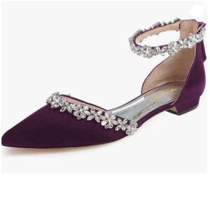 XYD Eggplant Pointed Toe Sparkly Rhinestones Ankle Strap D'Orsay Wedding Sandals